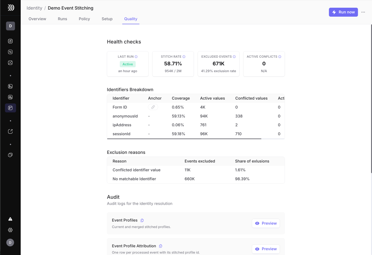 Event Stitching Quality tab