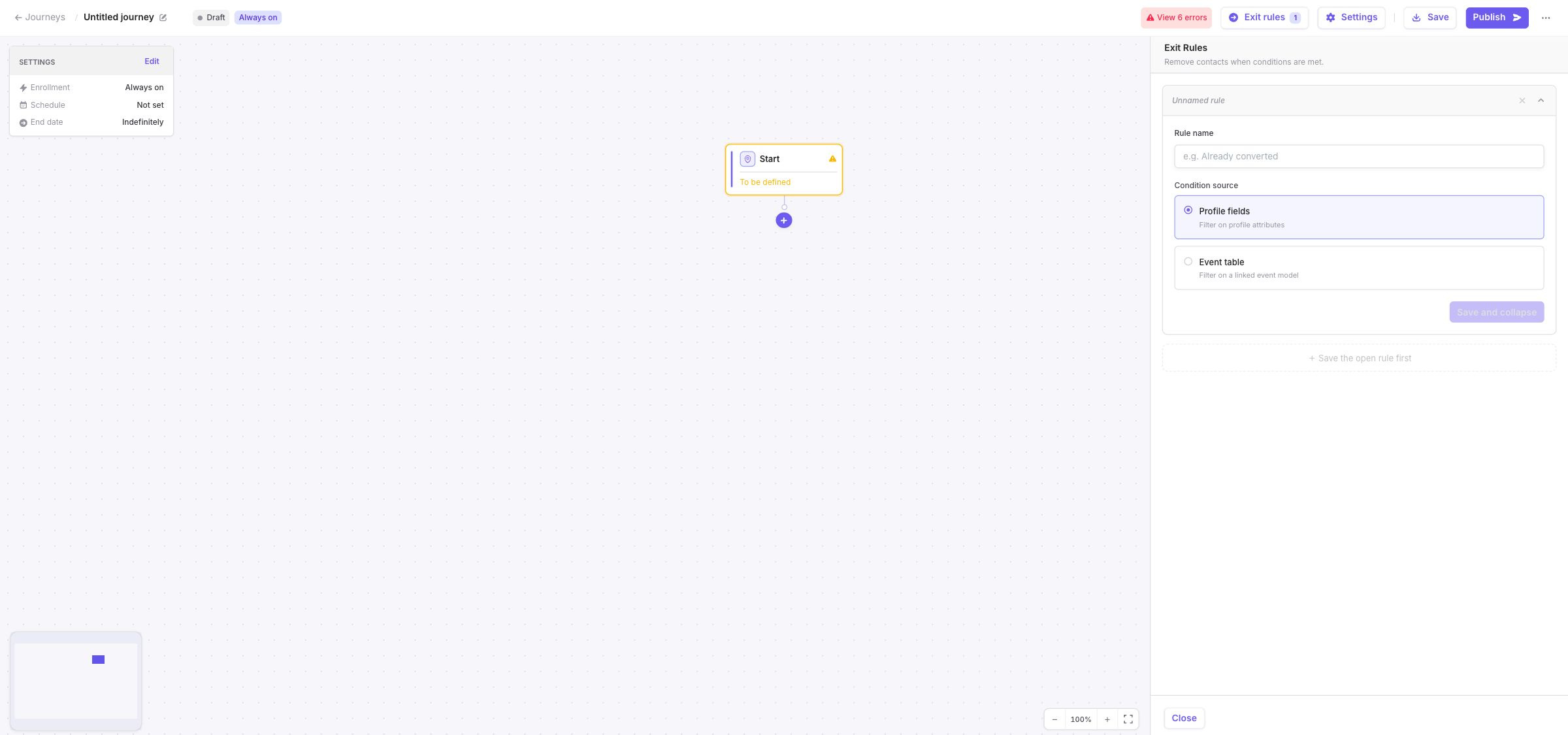 Exit Rules panel showing Profile fields and Event table condition sources