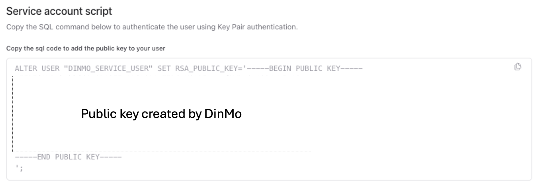 Generated Snowflake public key SQL in DinMo