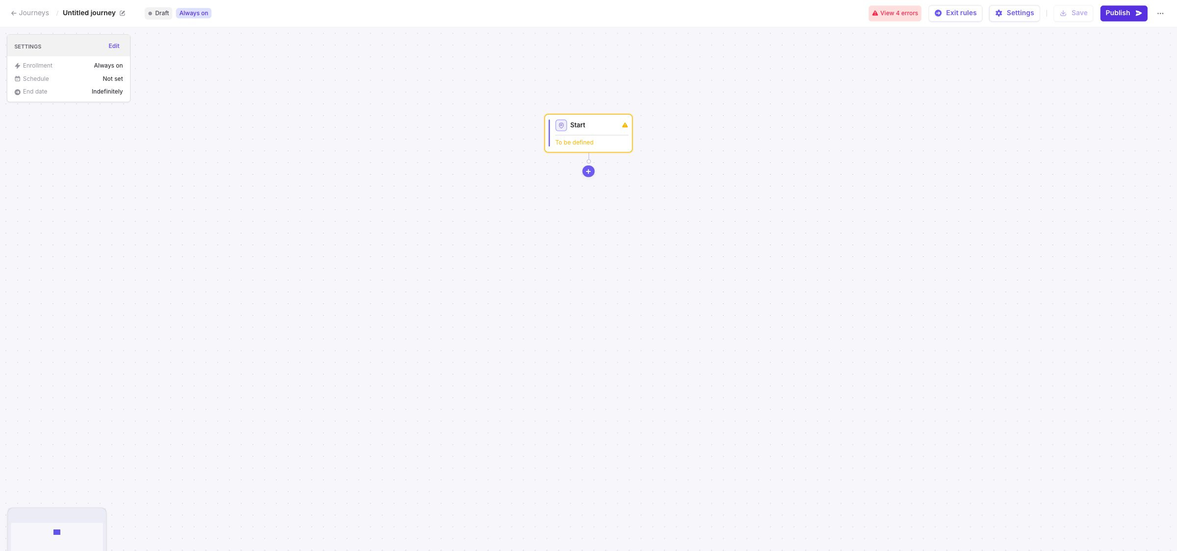 New Journey draft showing the initial Start step and the main builder controls