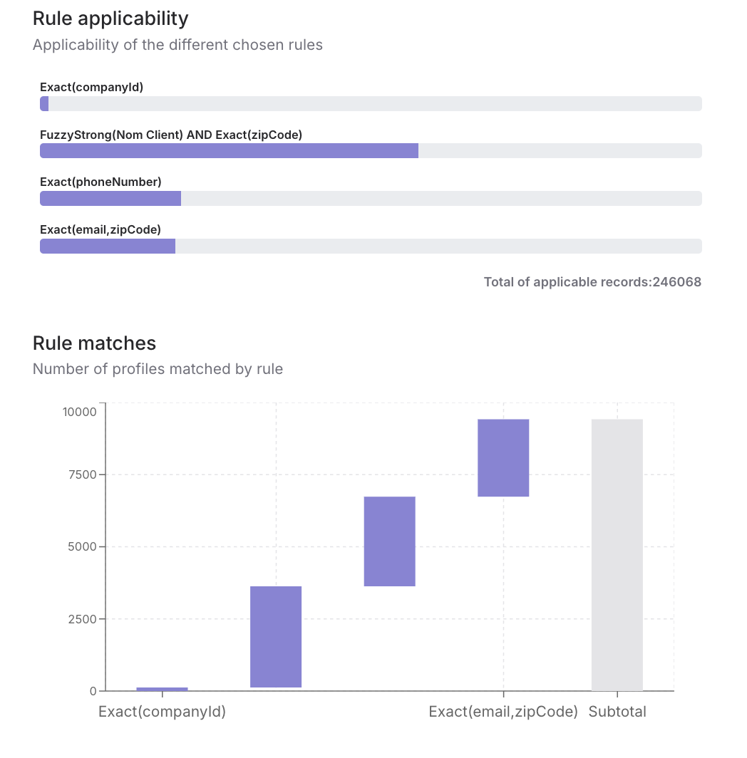 Identity Resolution audit tab showing rule applicability and rule match charts