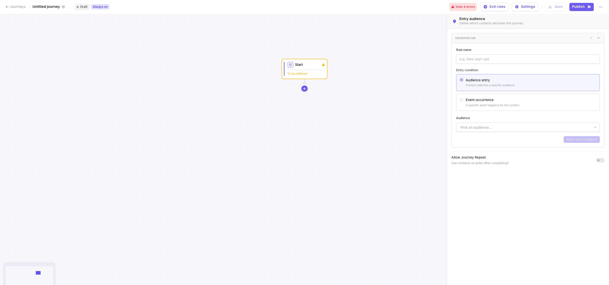 Start configuration panel showing Audience entry and Event occurrence options