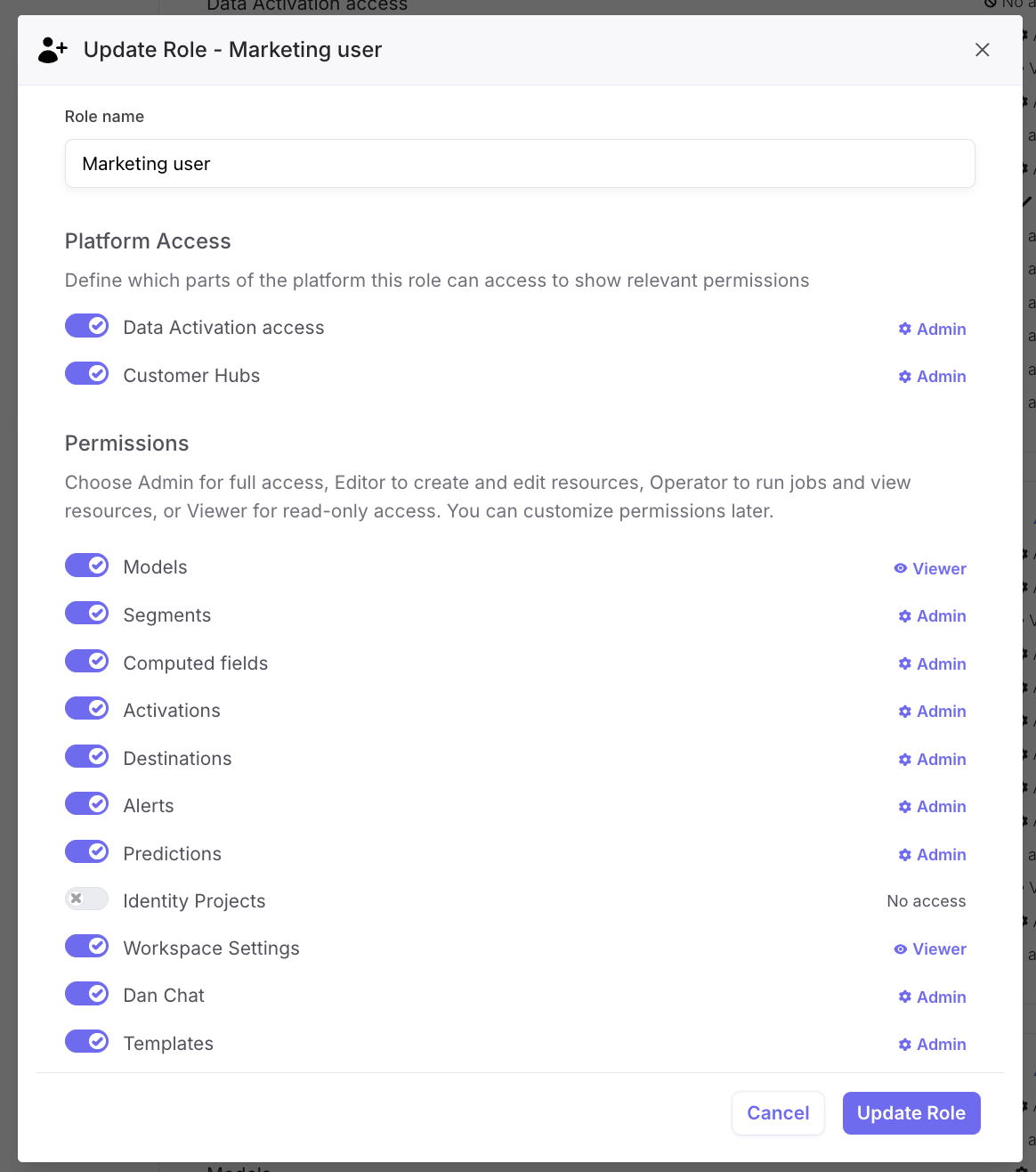 Role permissions settings showing Templates as an available permission