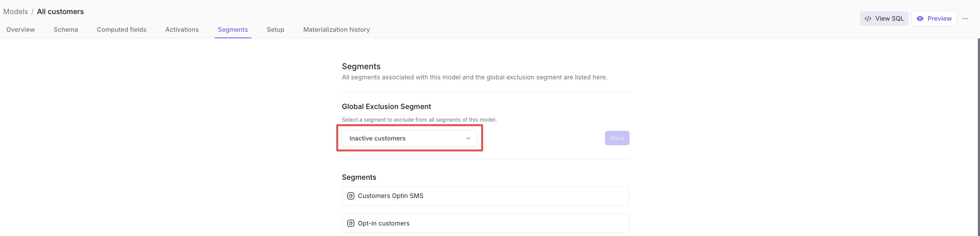 The Segments tab of a model showing the Global Exclusion Segment selector.