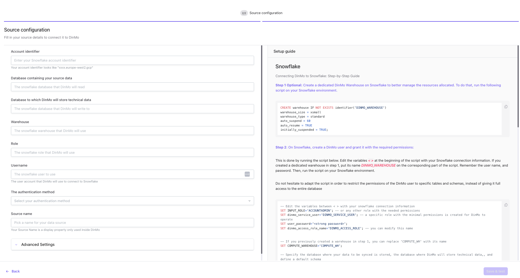 Snowflake source configuration form in DinMo
