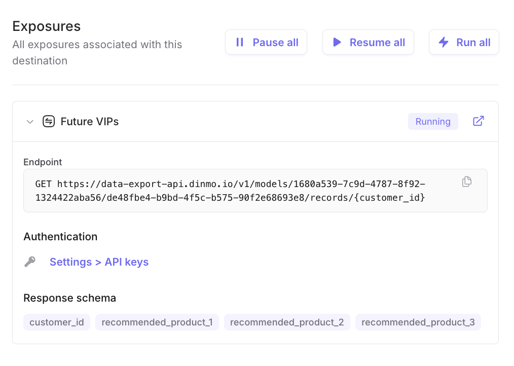 A Personalization API exposure showing its endpoint, authentication link, and response schema