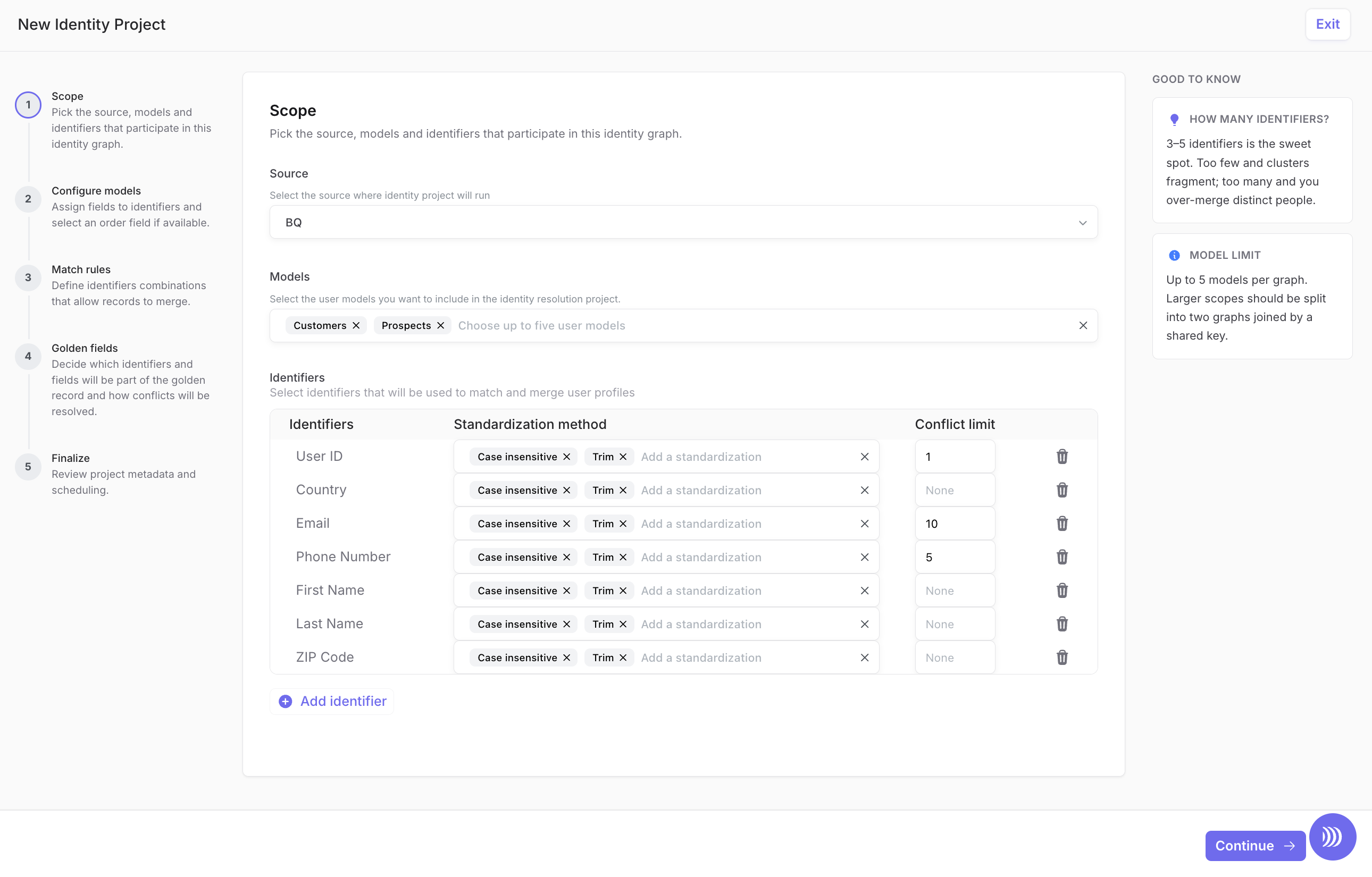 Identity project scope step with source, models, identifiers, standardization methods, and conflict limits
