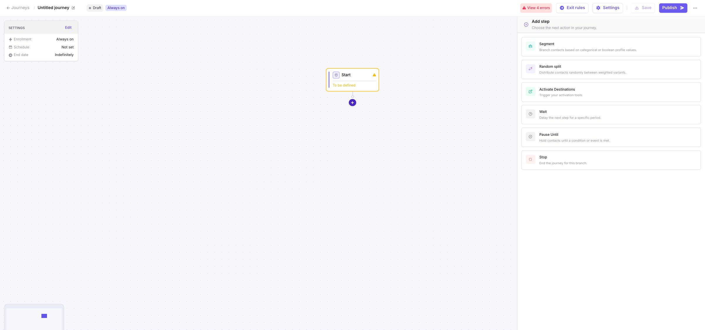 Add step panel showing the step types available in the Journey builder