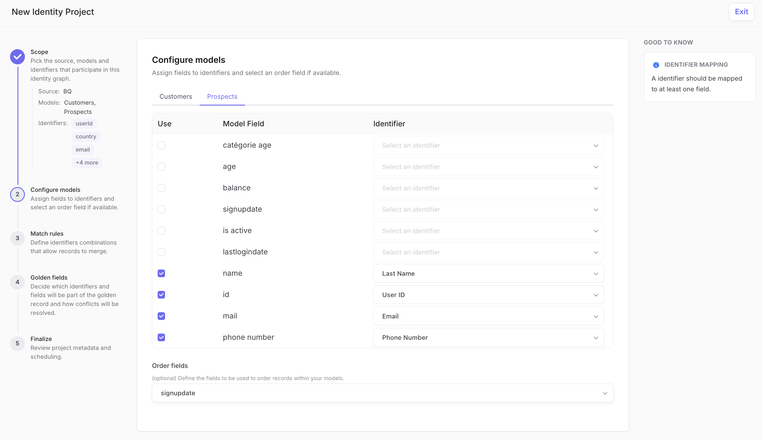 Configure models step showing model fields mapped to identity identifiers