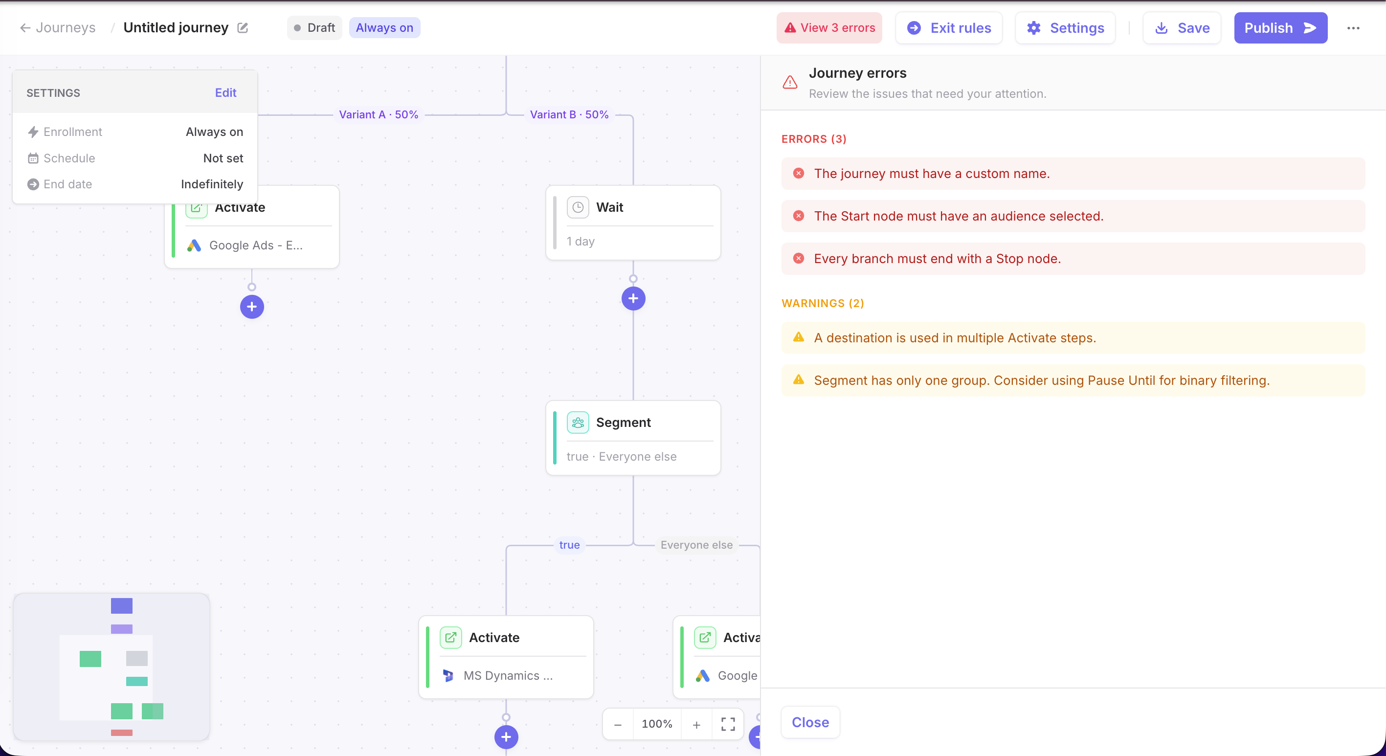 Journey validation panel listing blocking errors and non-blocking warnings
