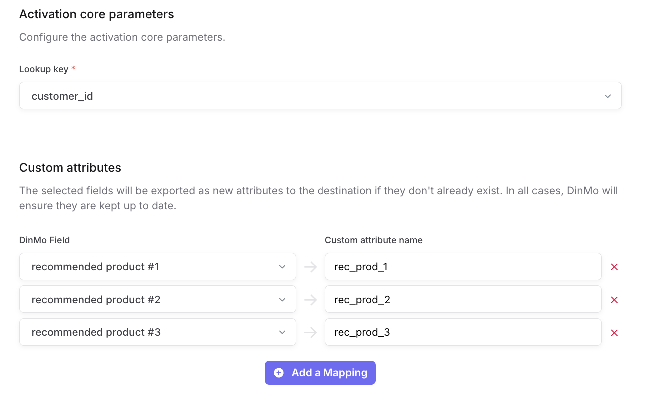 Activation configuration with a lookup key and custom attribute mappings