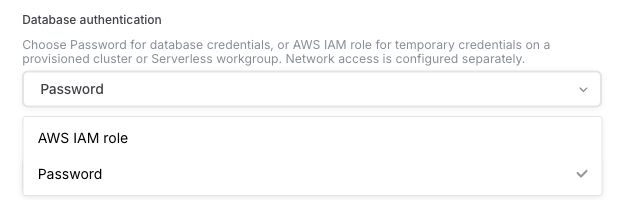 Database authentication menu showing AWS IAM role and Password
