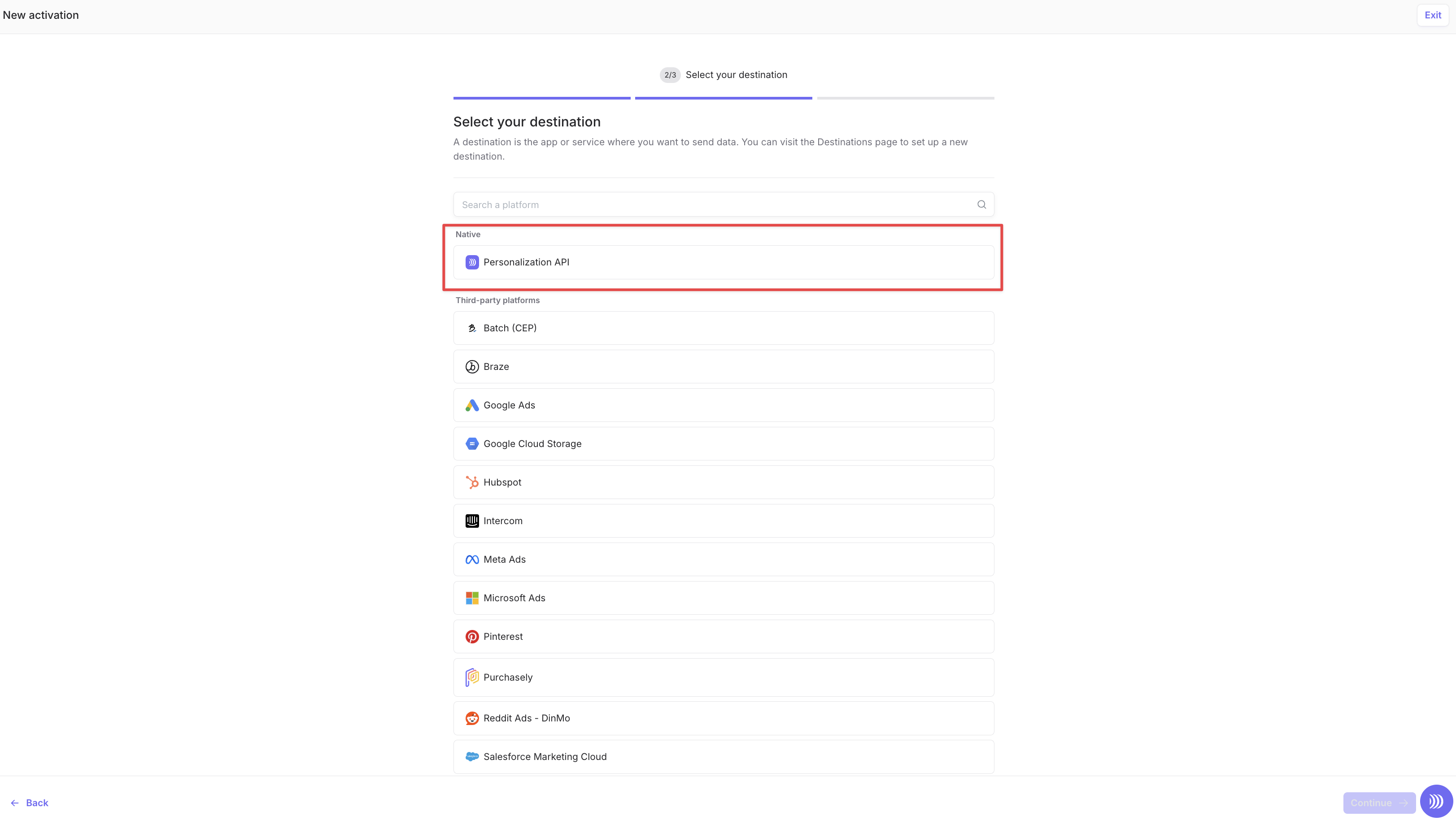 The Personalization API option in the Native destinations list