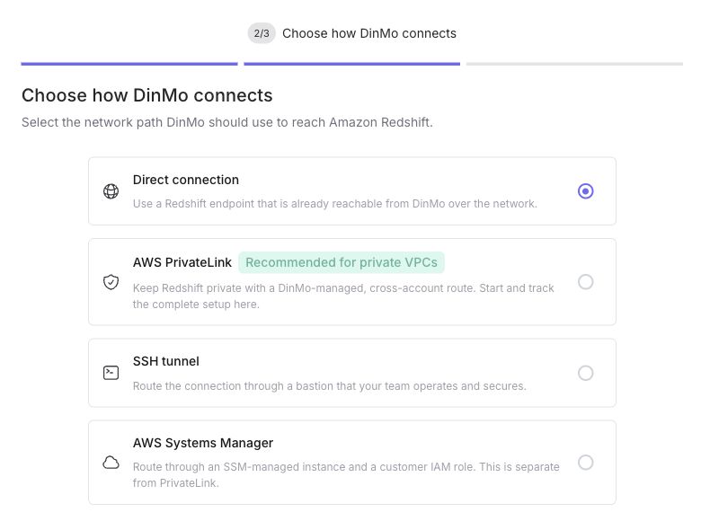 Redshift connection options in DinMo: Direct connection, AWS PrivateLink, SSH tunnel, and AWS Systems Manager