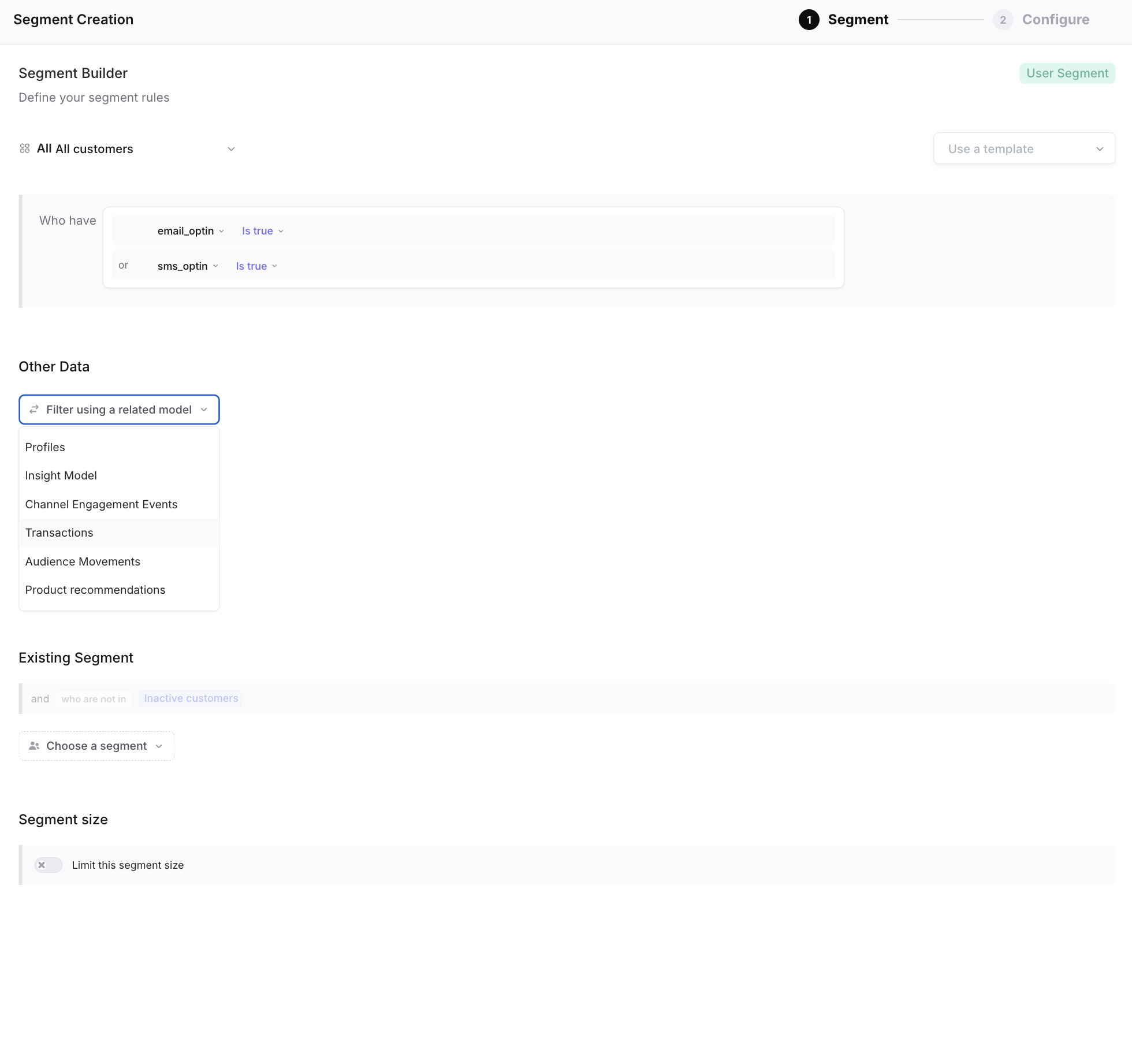 Related model picker in the Segment Builder
