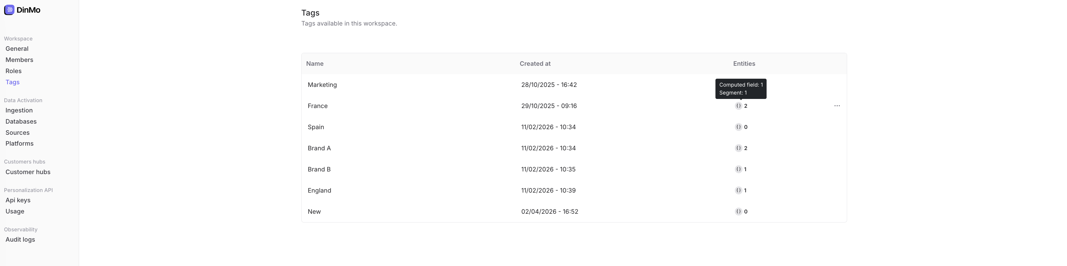 Tags settings page showing tag names, creation dates, and the number of entities using each tag