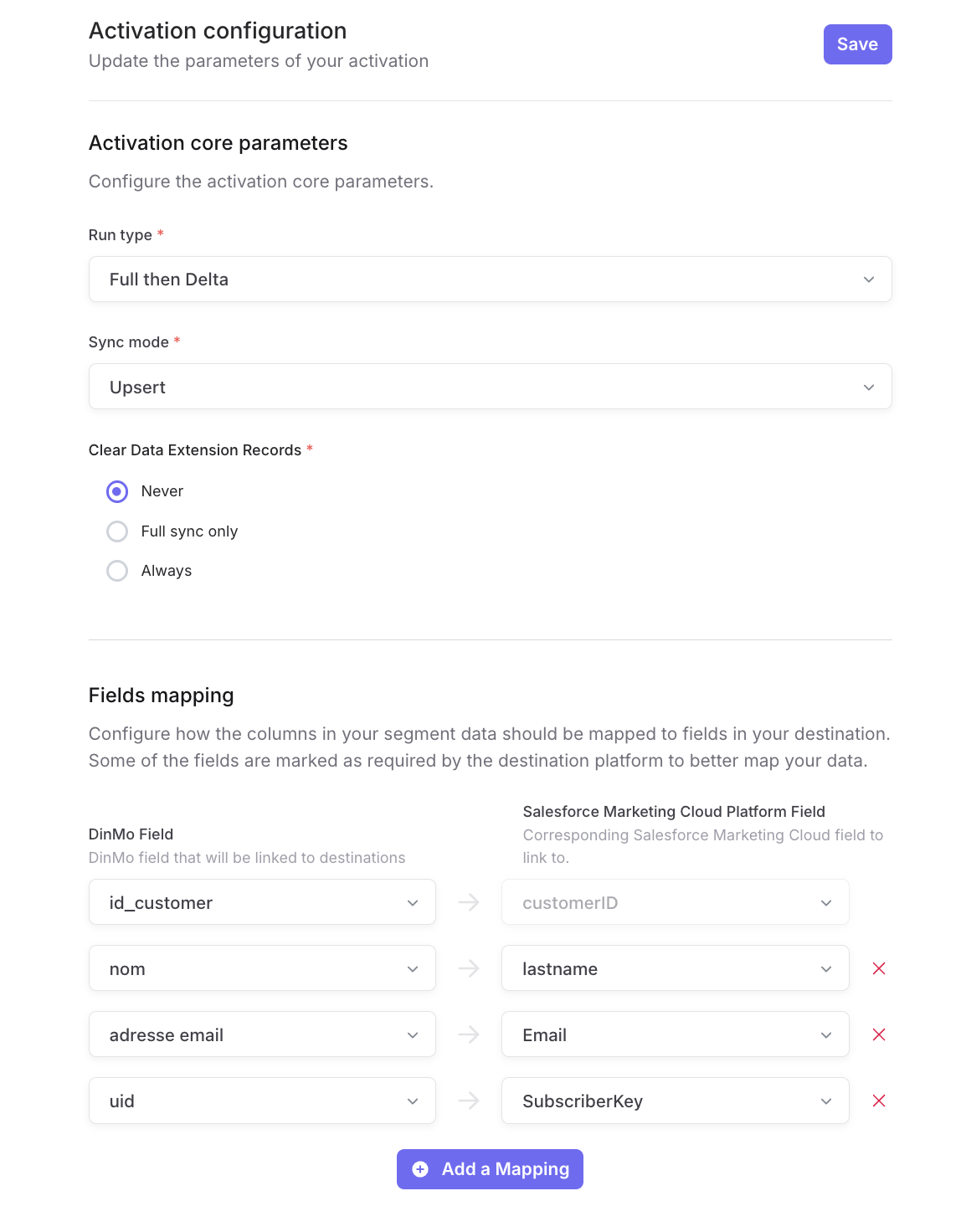 Salesforce Marketing Cloud activation configuration showing run type, sync mode, record clearing options, and field mapping.