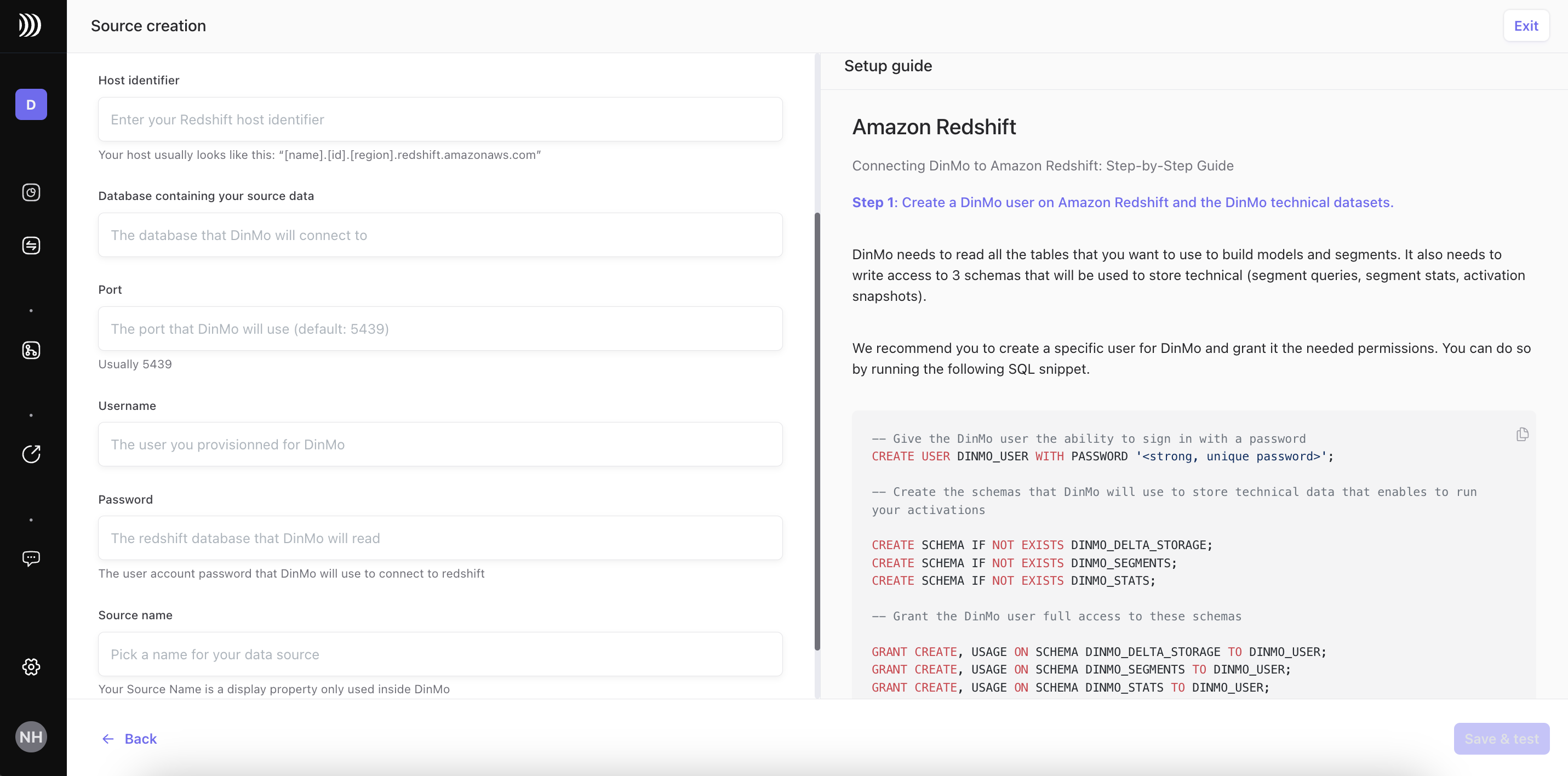 Amazon Redshift source configuration form in DinMo
