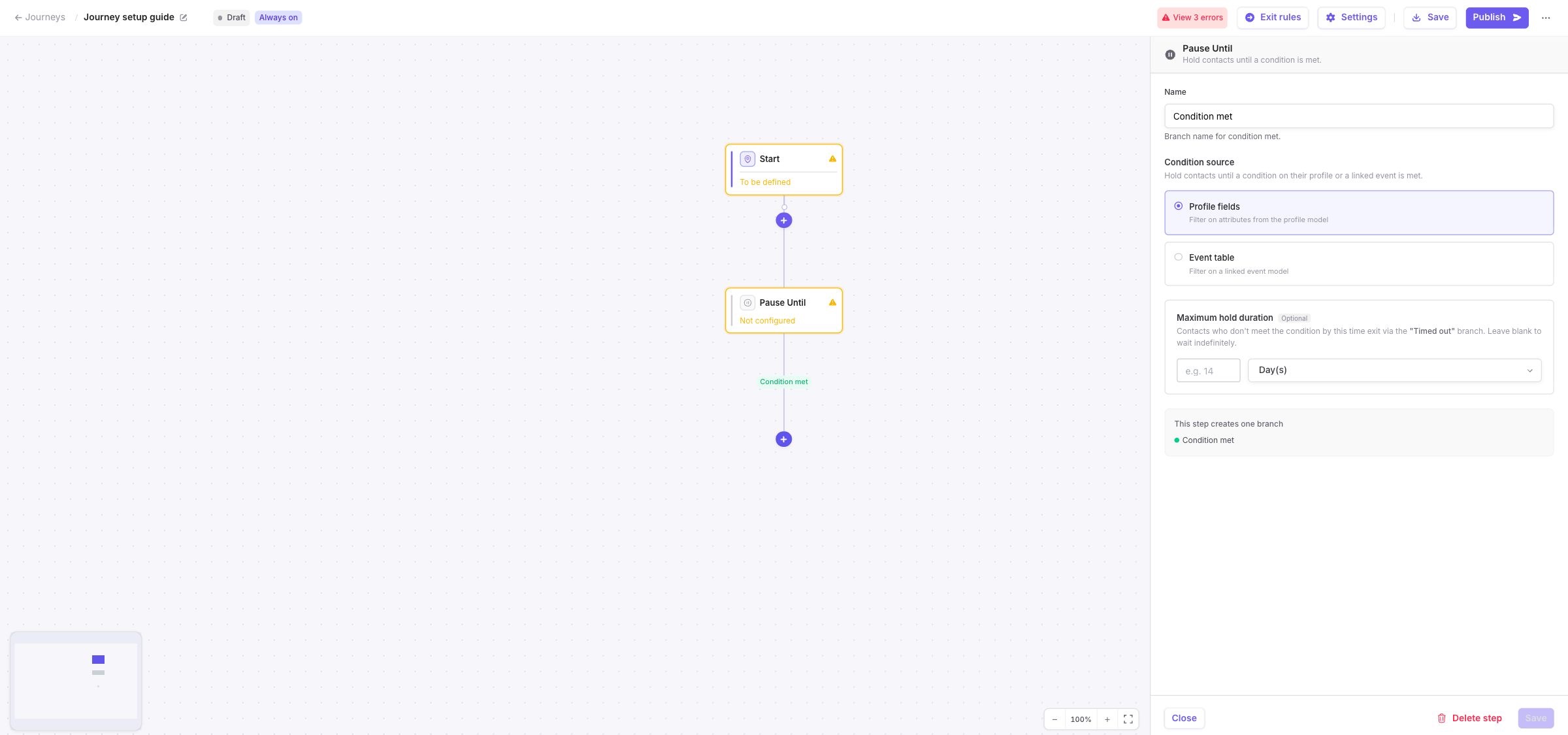Pause Until configuration panel showing condition sources and the optional maximum hold duration