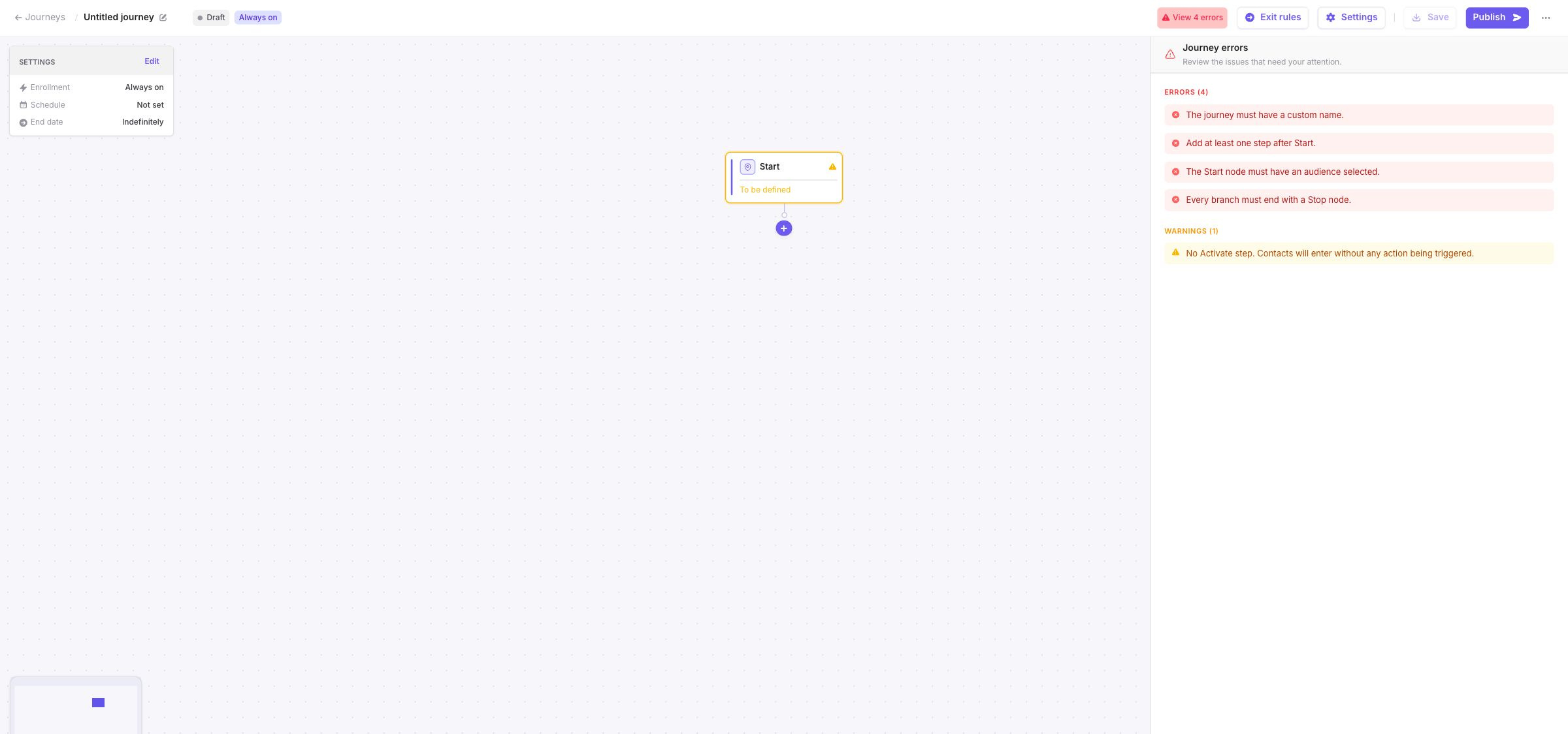 Journey errors panel listing blocking errors and a non-blocking warning