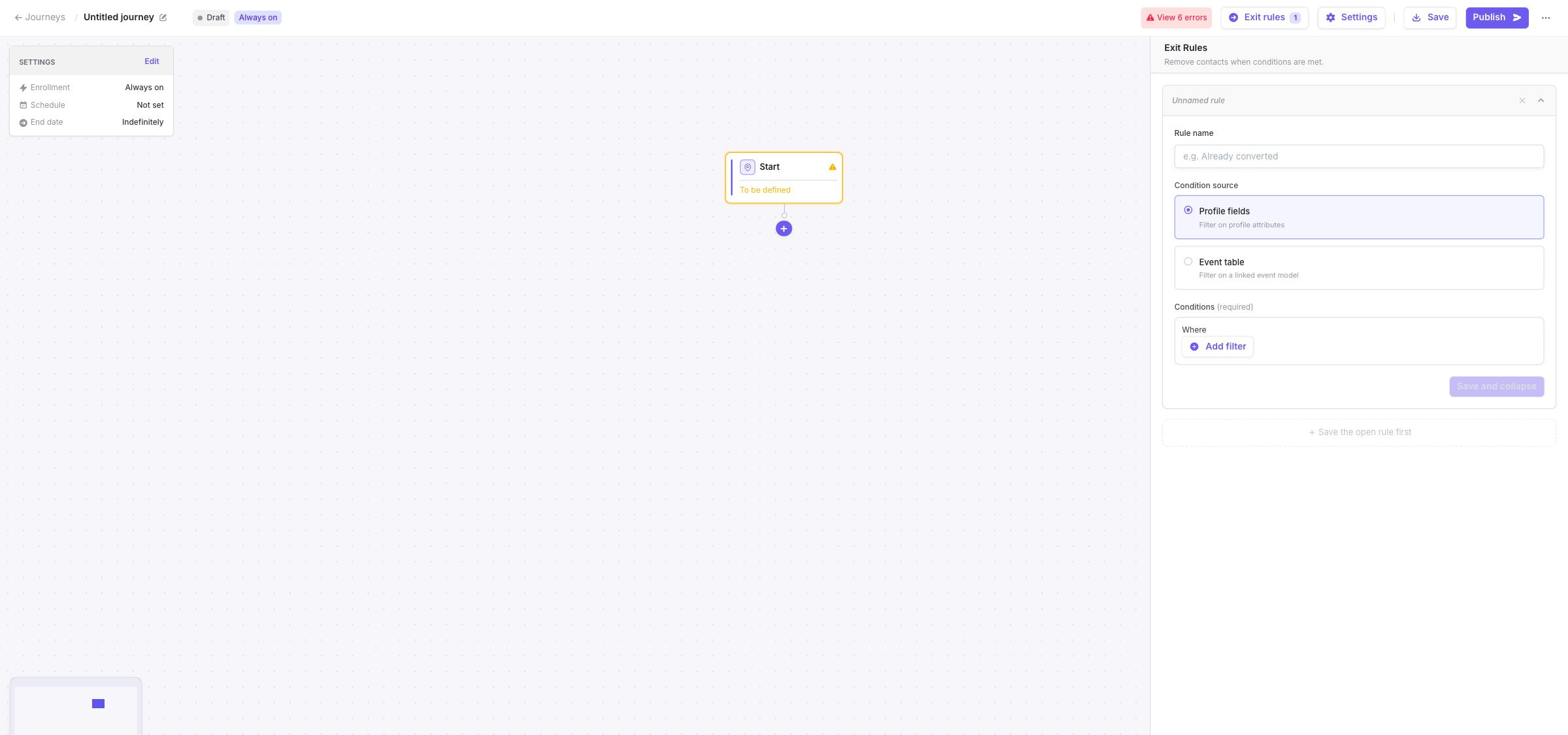 Exit Rules panel showing Profile fields and Event table condition sources