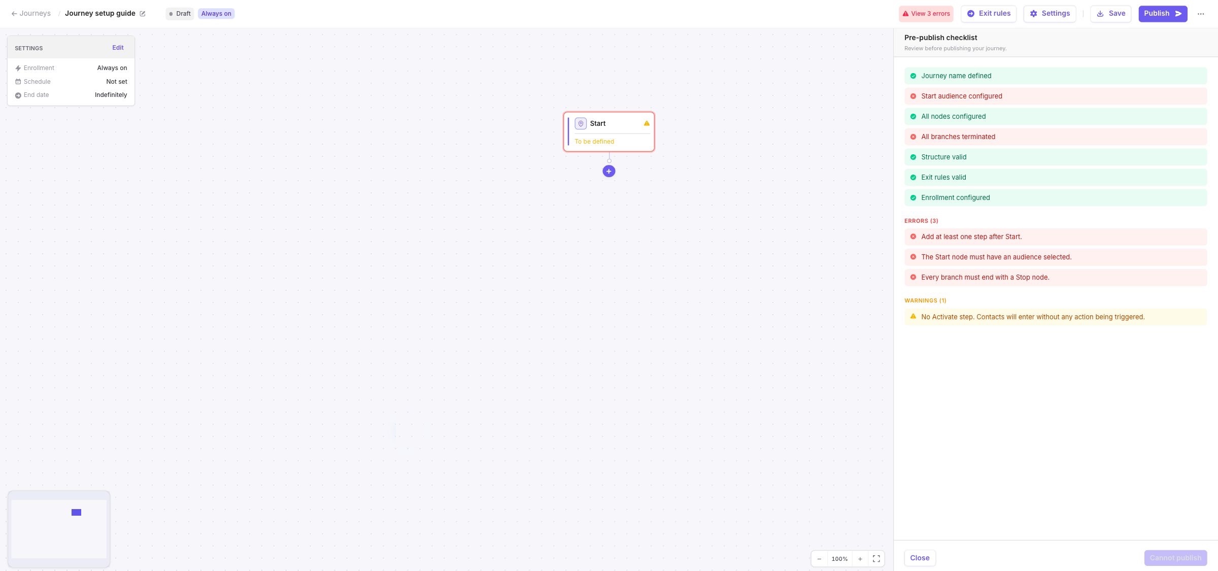 Pre-publish checklist showing successful checks, blocking errors, and a warning