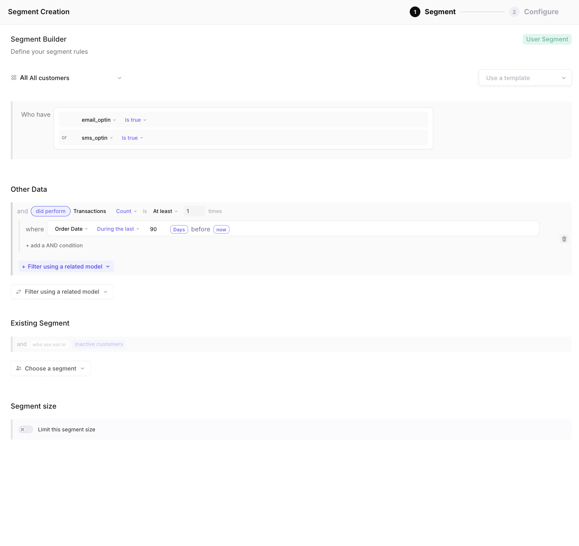 Configured related model filter in the Segment Builder