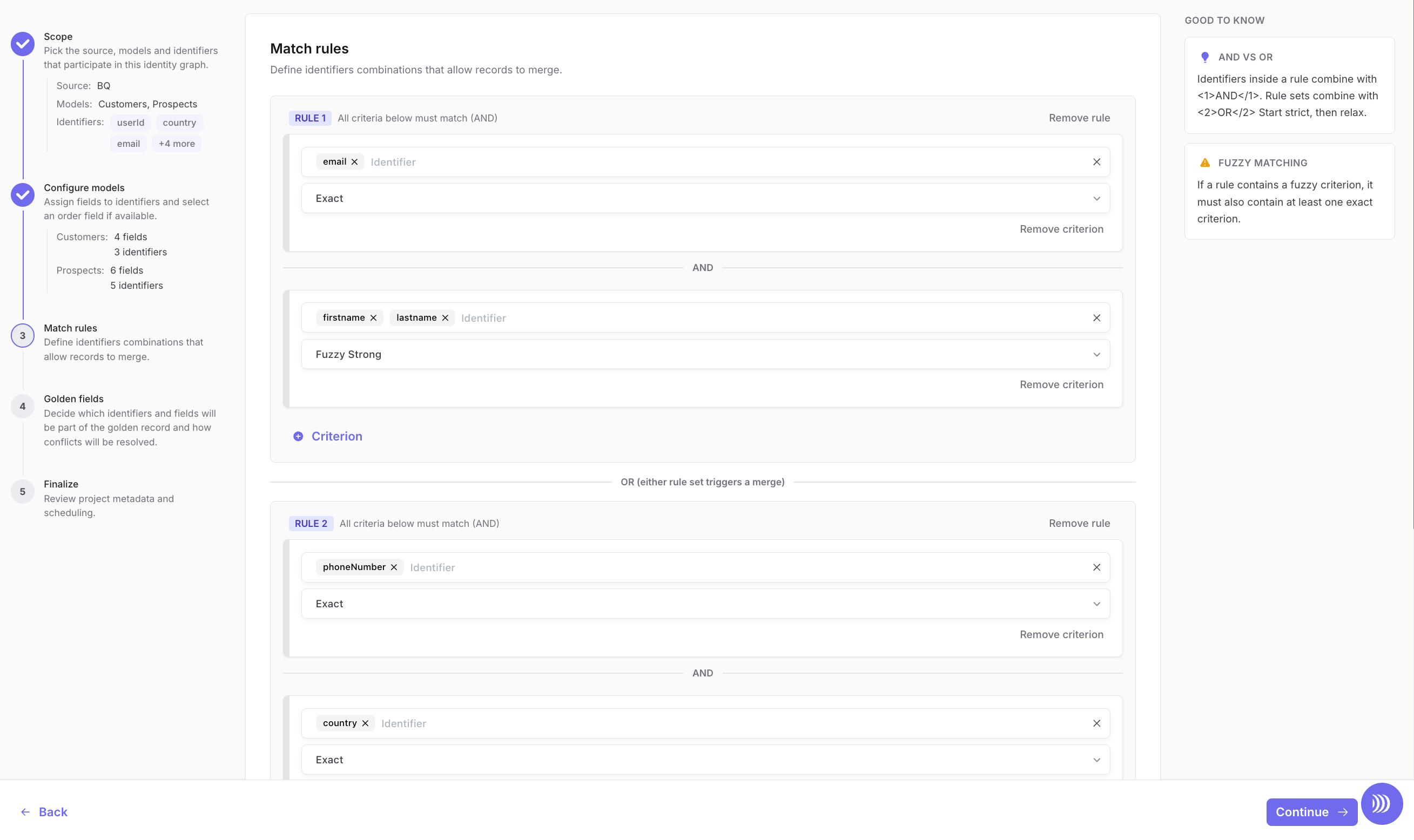 Match rules step showing criteria joined by AND and rules joined by OR