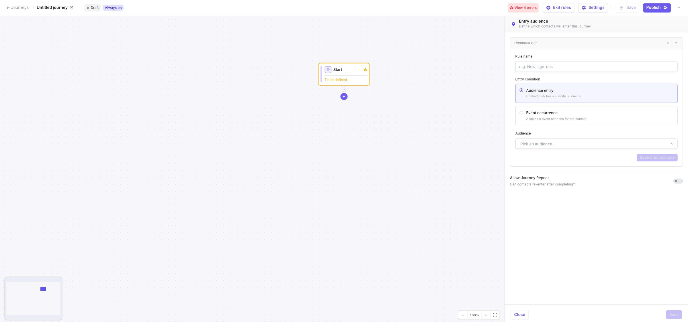 Start configuration panel showing Audience entry and Event occurrence options