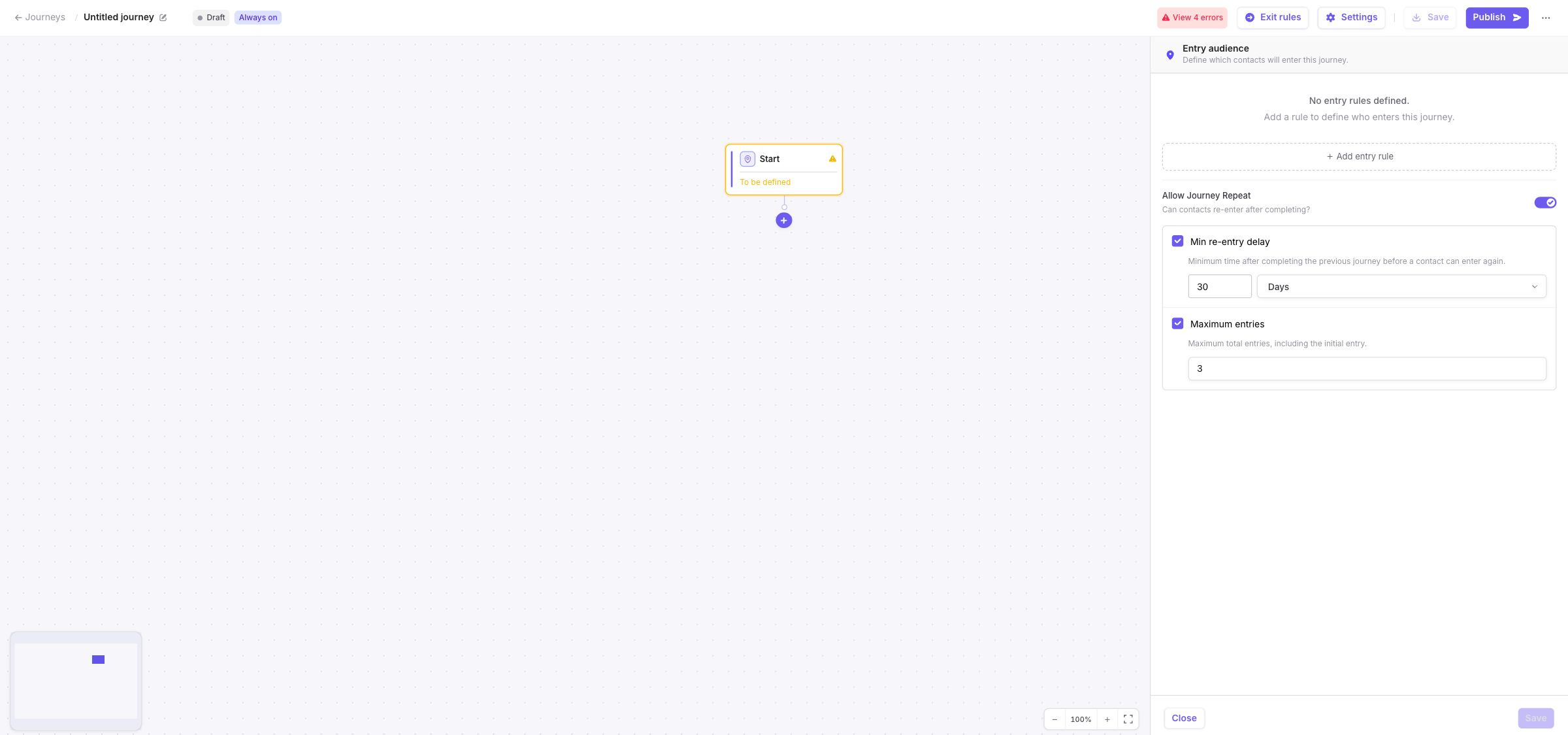 Journey entry settings showing a minimum re-entry delay and a maximum number of entries