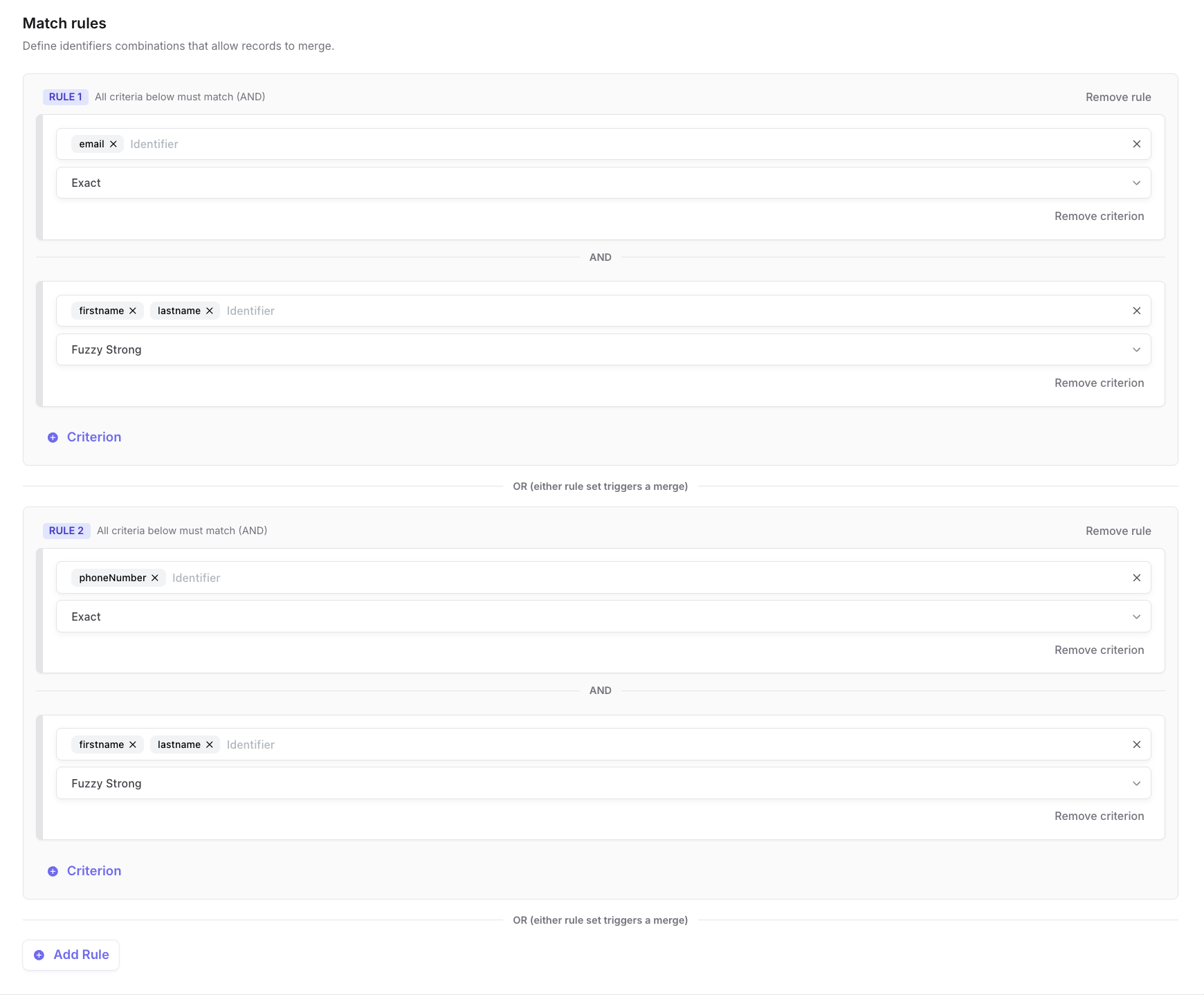 Identity Resolution match rules configuration showing criteria joined by AND and rules joined by OR