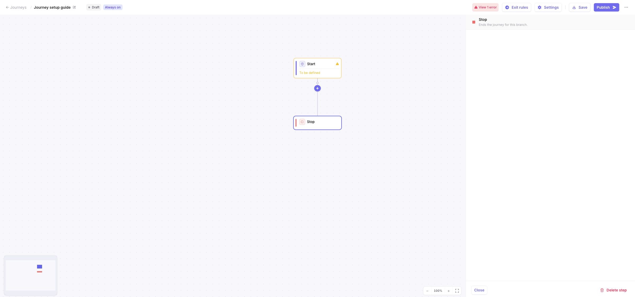 Journey canvas showing a Stop step at the end of a path